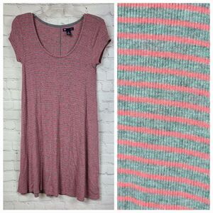 Gap Luxe Women’s Gray/Pink Striped Ribbed Knit T-Shirt Dress Soft Casual Shift